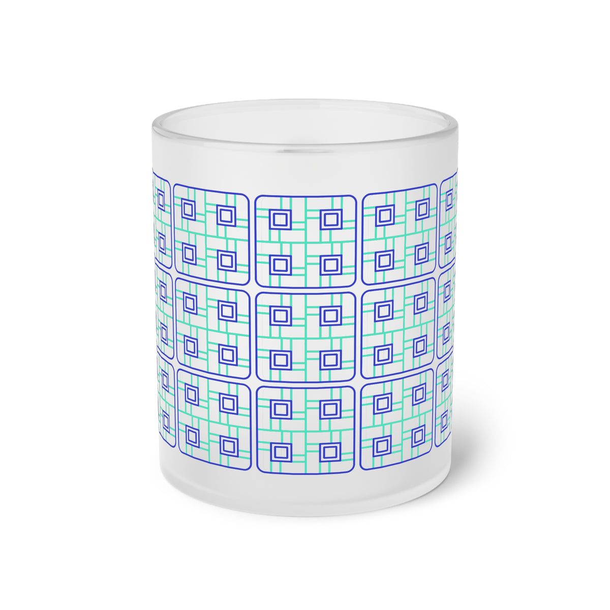 Frosted Glass Mug with Blue Geometric Design