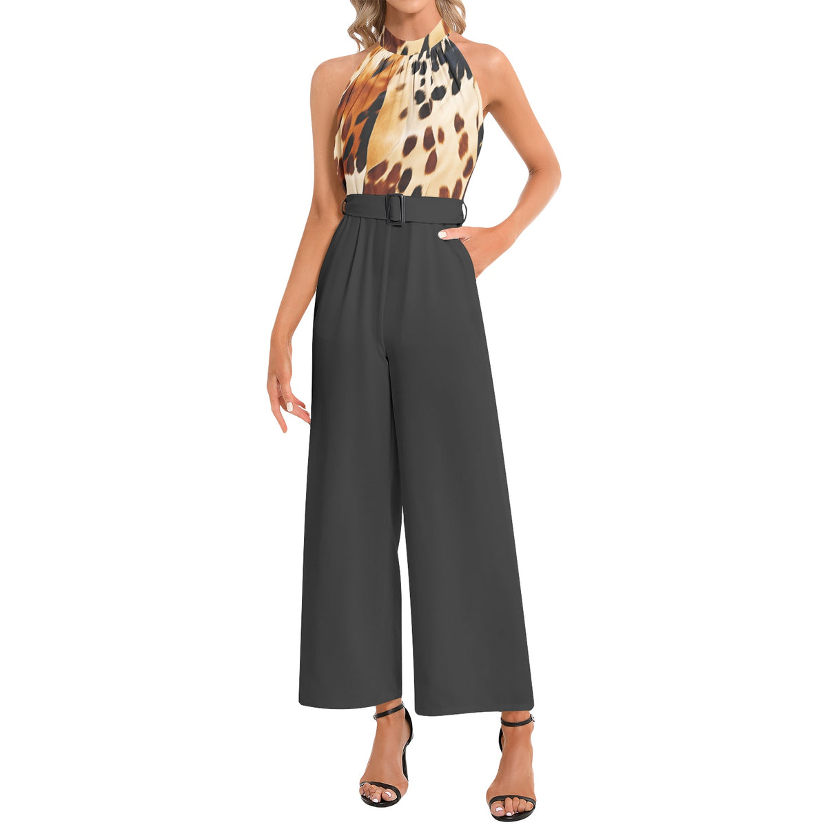 Halter Neck Buckle Belted Jumpsuit