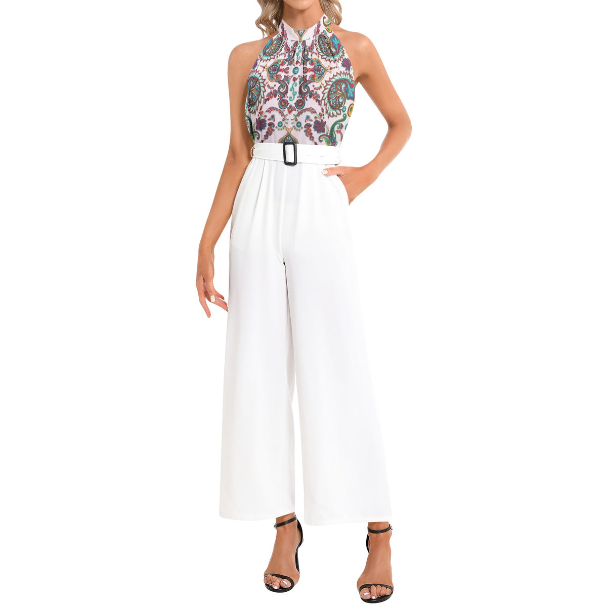 Halter Neck Buckle Belted Jumpsuit