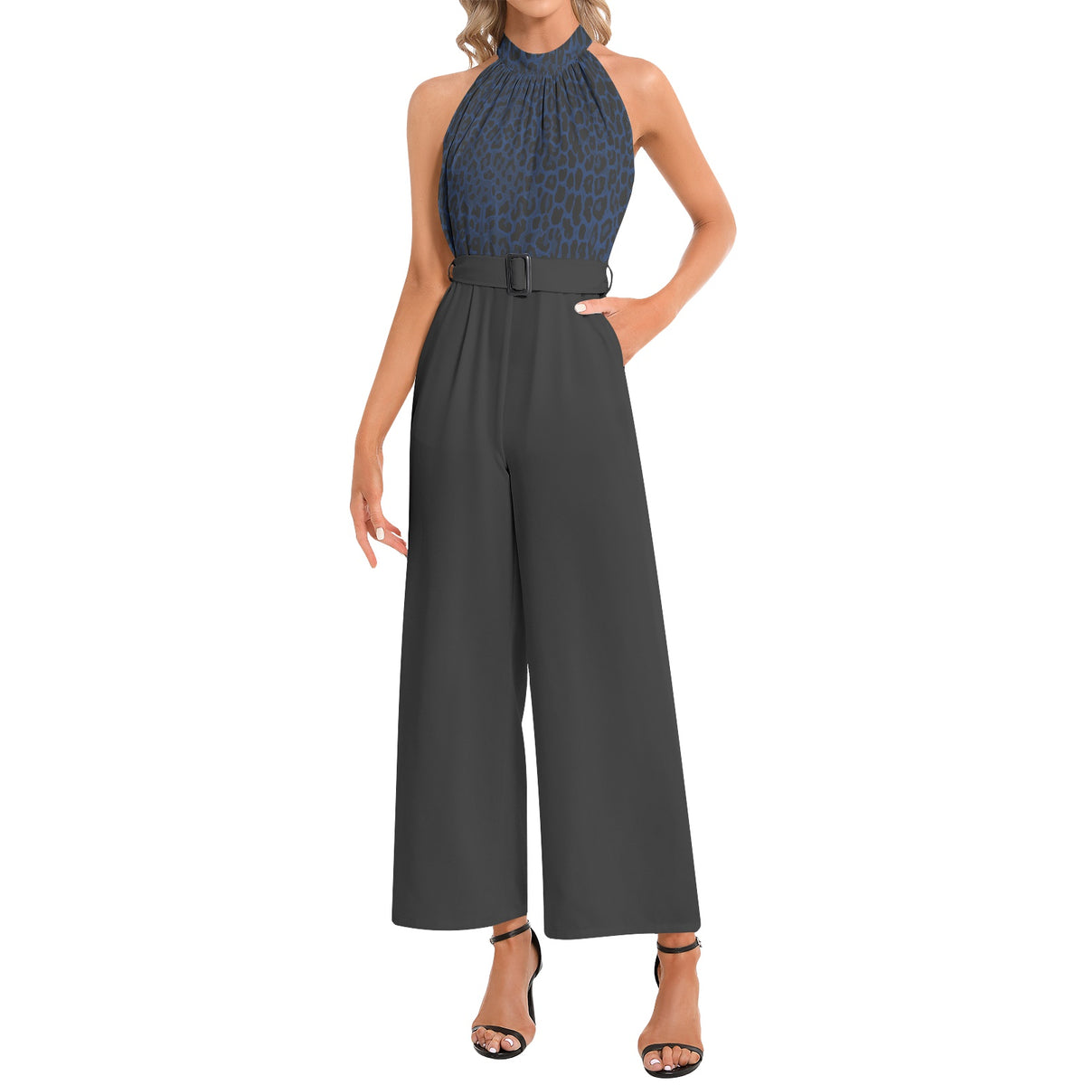 Halter Neck Buckle Belted Jumpsuit Black and Blue Animal Print