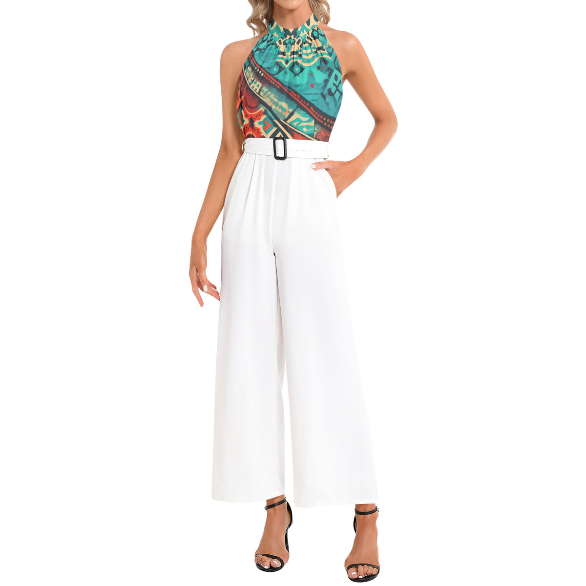 Halter Neck Buckle Belted Jumpsuit