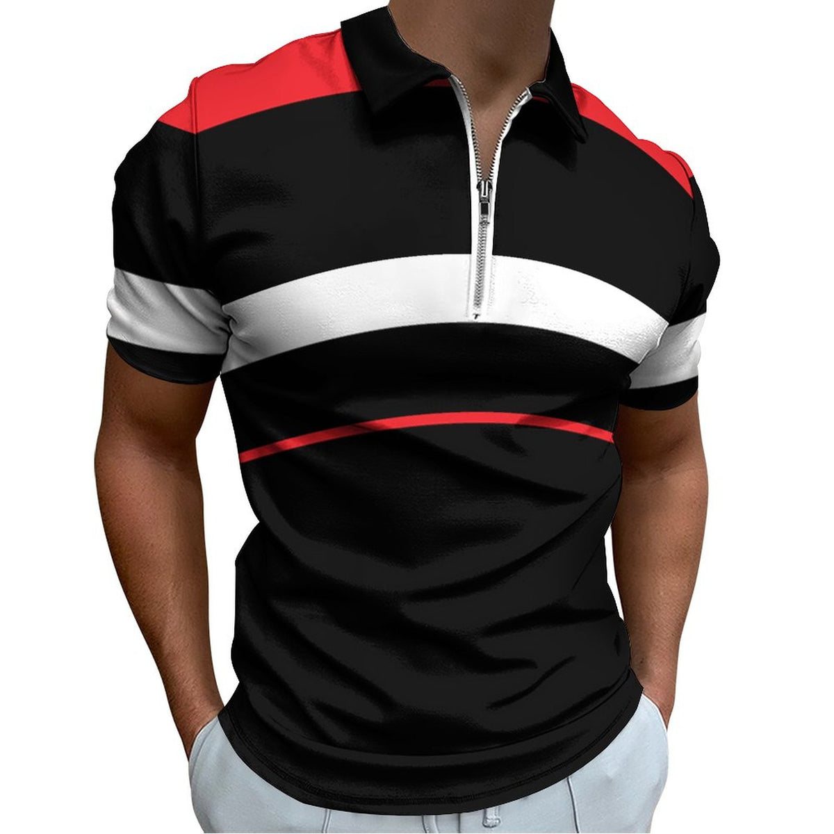 Men's Black, Red and White Short Sleeve Polo Shirt with Zipper