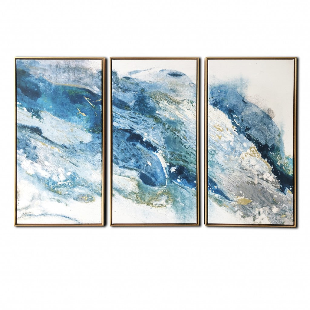 Abstract Blue With Gold Frames Hanging Canvas Wall Art Picture Set of Three