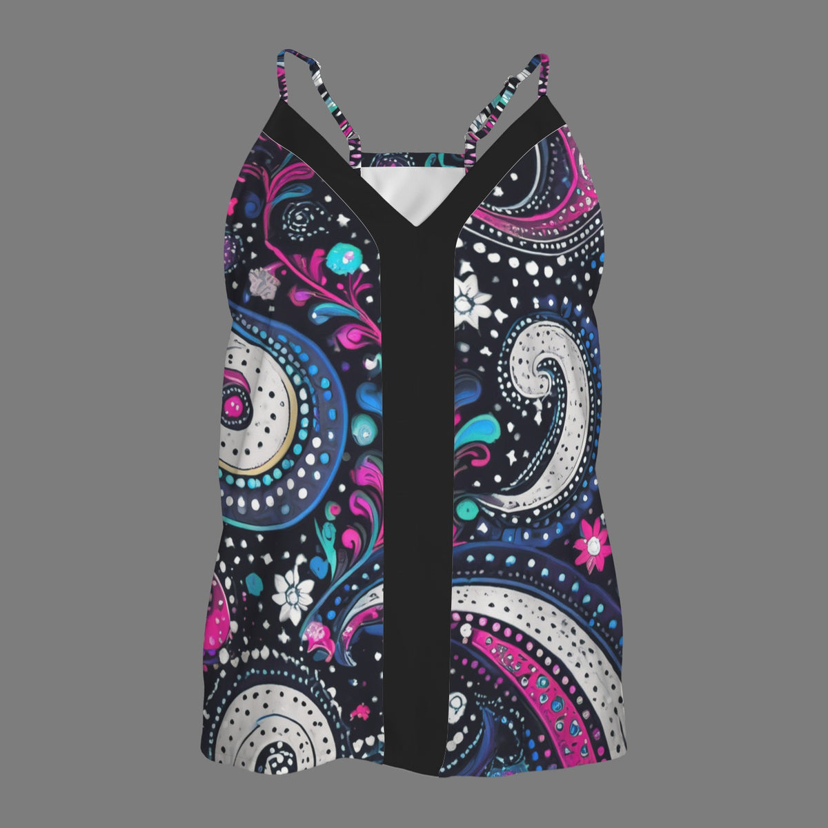 Pink,turquoise,purple,black,white paisley spaghetti strap v neck cami