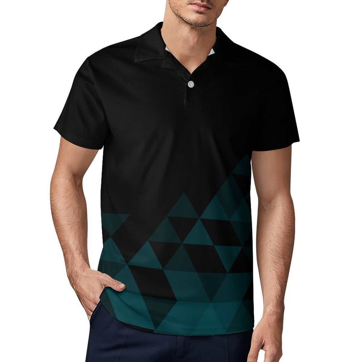 Men's Short Sleeve Men's Polo T-shirt Black with Aqua Design