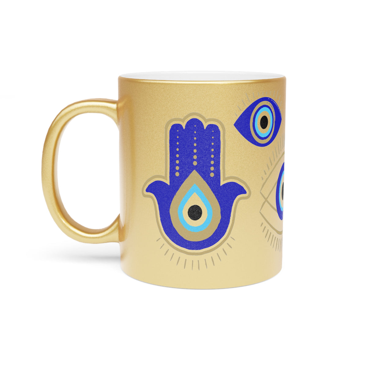 Metallic Mug (Silver\Gold) with Various Designs - Hamsa Hand - Blue Evil Eye