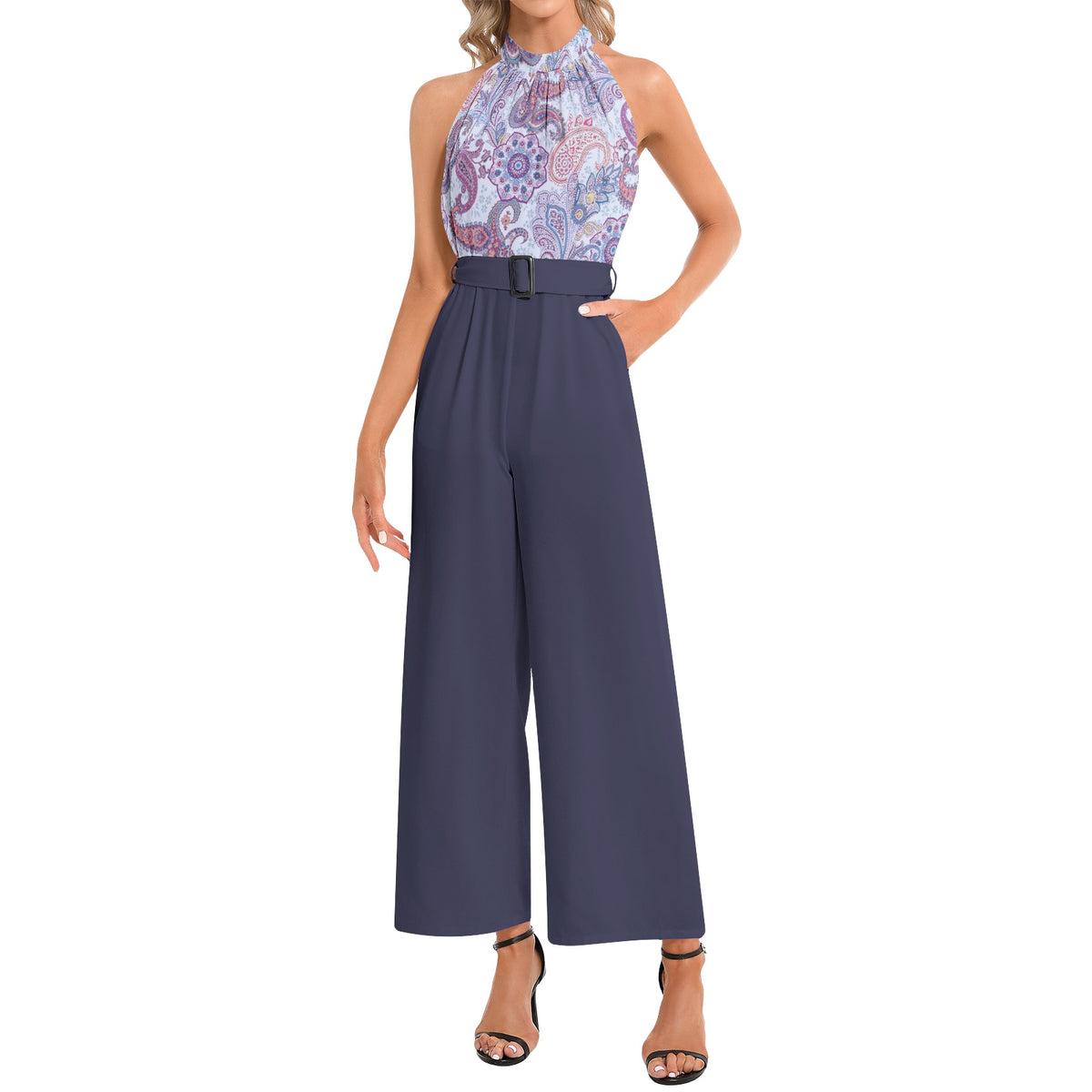 Halter Neck Buckle Belted Jumpsuit