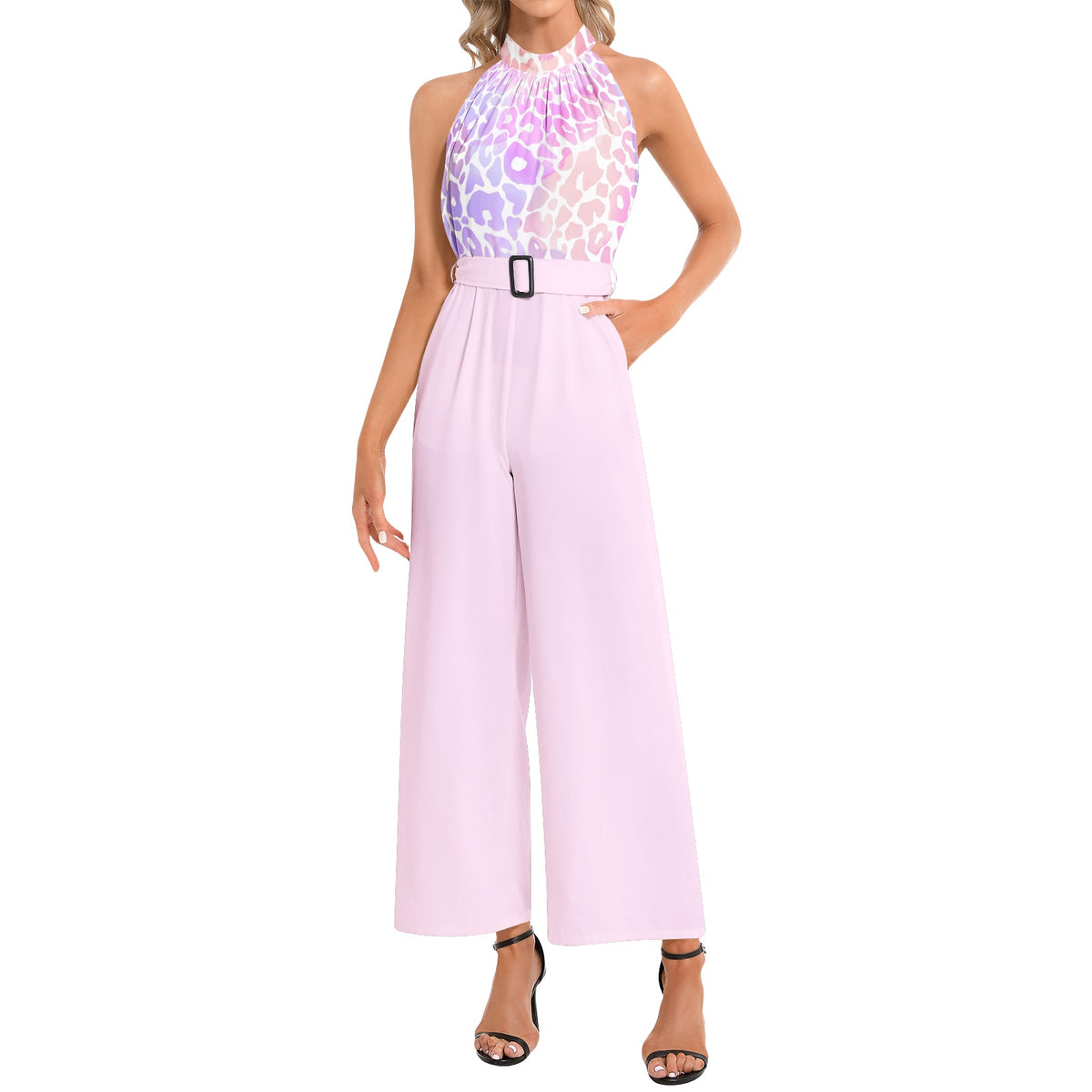 Halter Neck Buckle Belted Jumpsuit Pink Purple Fade Animal Print