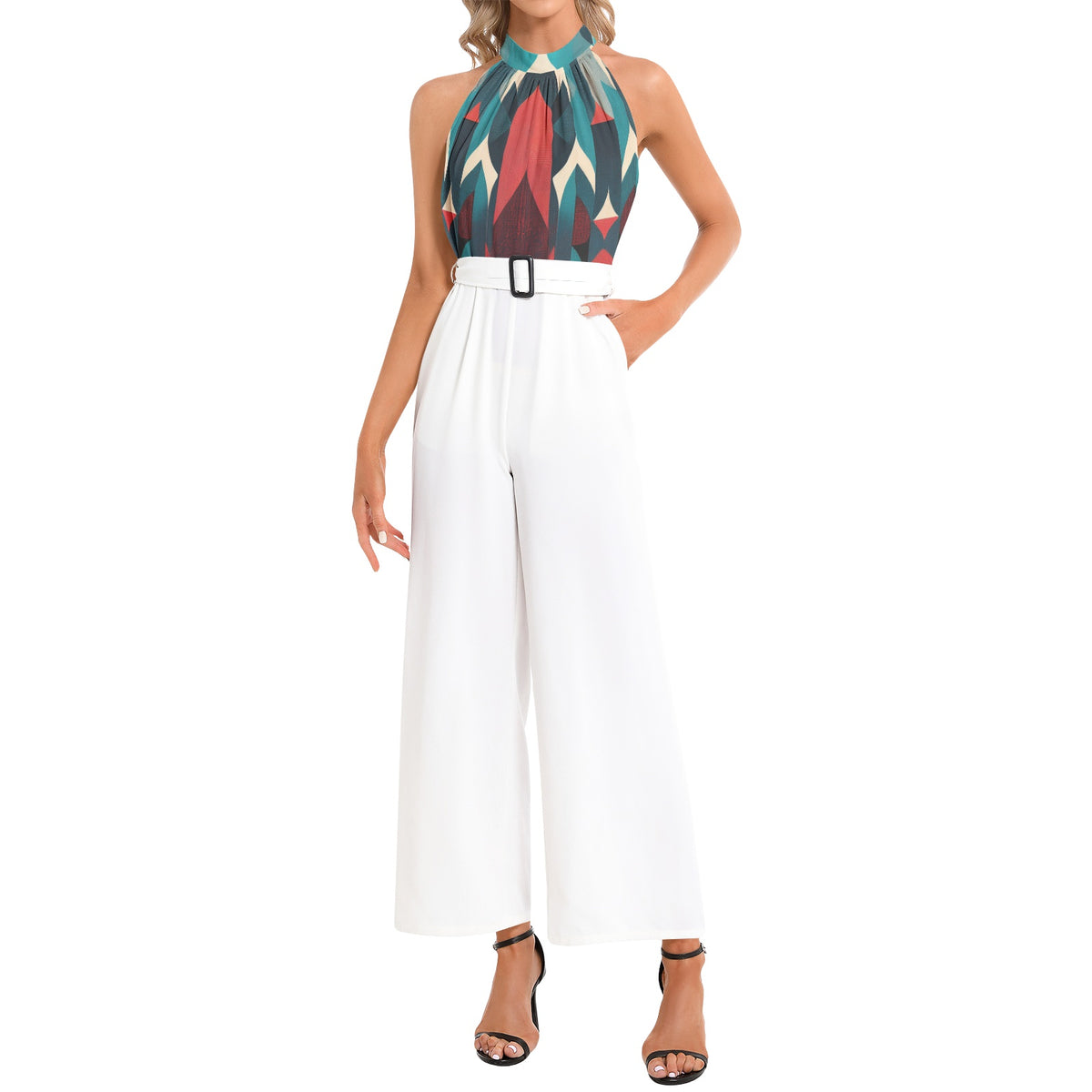 Halter Neck Buckle Belted Jumpsuit