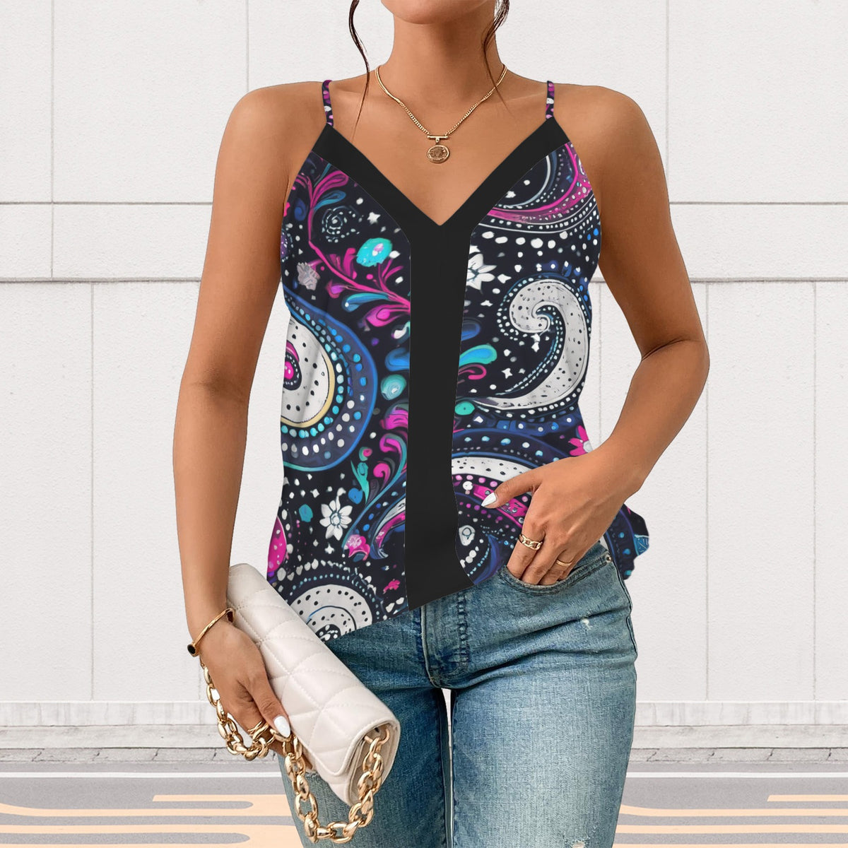 Pink,turquoise,purple,black,white paisley spaghetti strap v neck cami