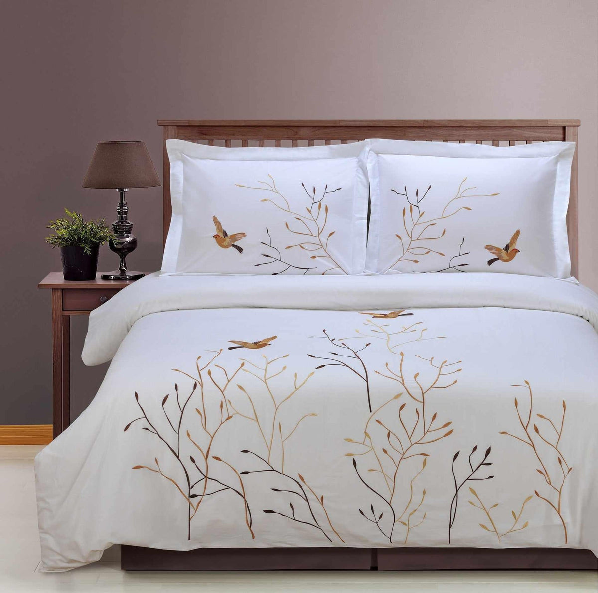 Embroidered Swallow and Floral Cotton Duvet Cover Set