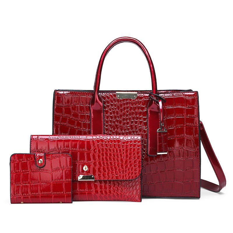 Luxury Soft Leather Women's Handbag Set Crocodile Pattern High Capacity Tote Bag with Matching Wallet and Coin Purse