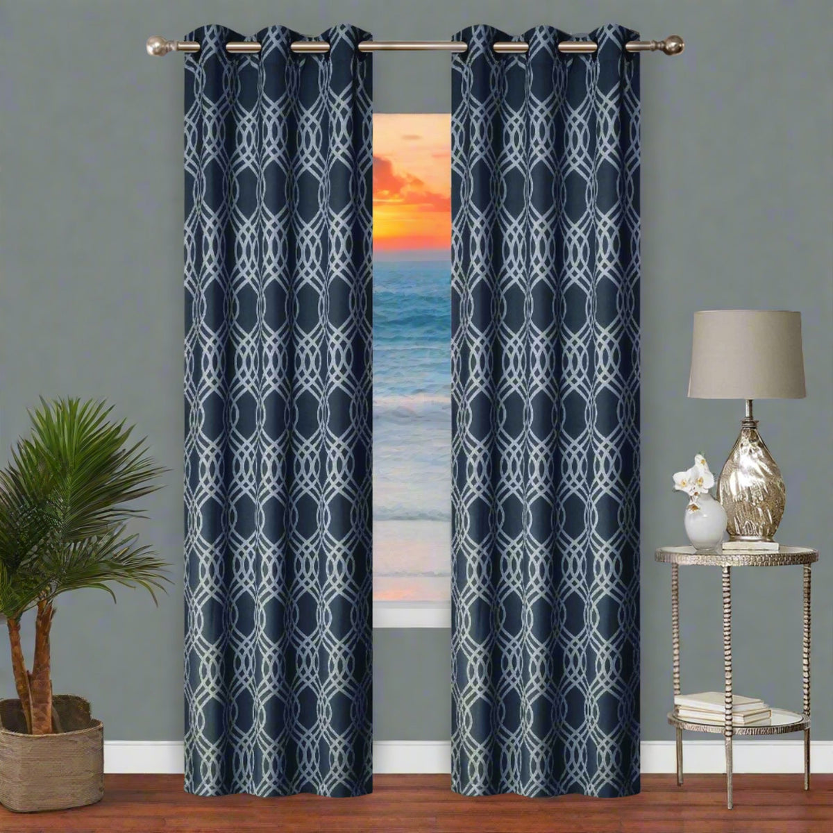 Blackout Thermal Ribbon Geometric Grommet Curtain Panels Set of 2