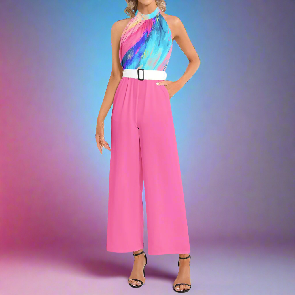 Women's Halter Top Wide Leg One-Piece Romper Hot Pink and Blue