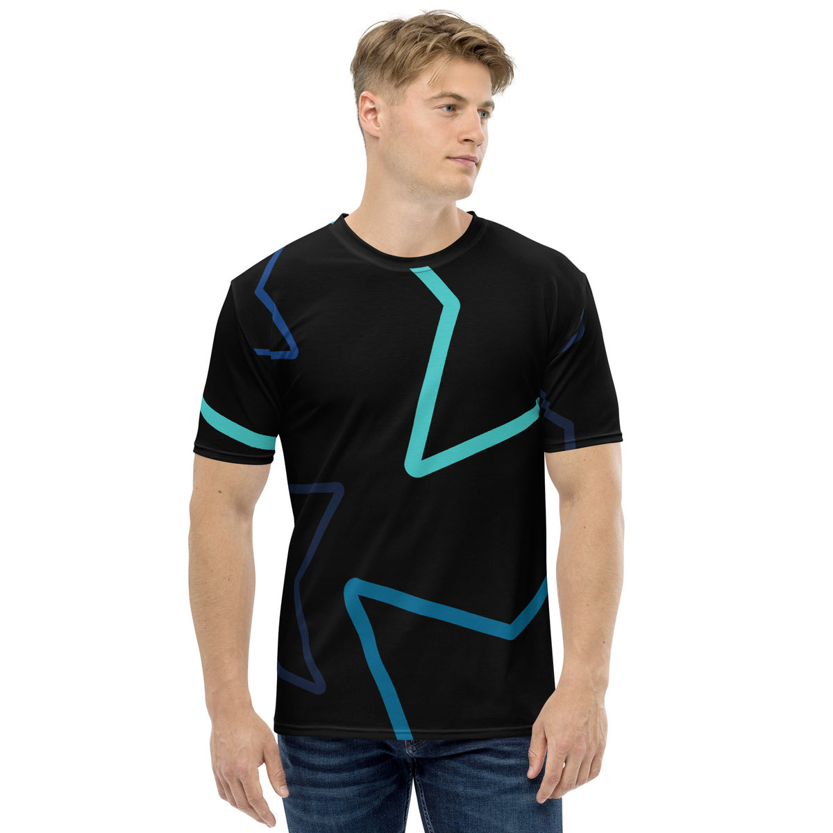 Men's T-Shirt Black Casual Shirt for Men with Blue Graphic Tee