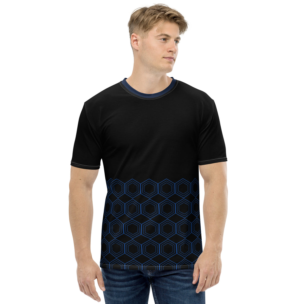 Men's T-Shirt Black Casual Shirt for Men with Blue Graphic Tee Shirt