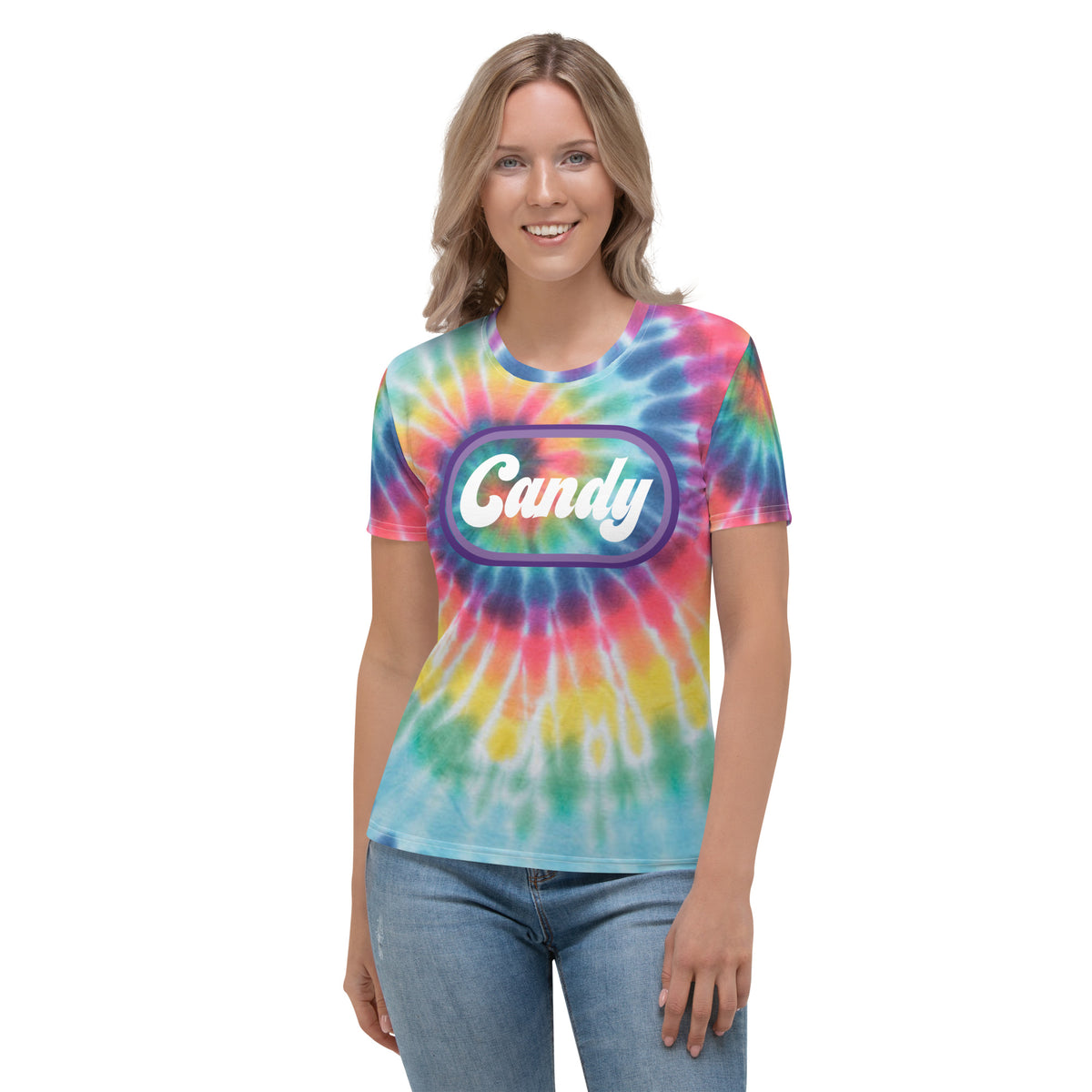 , Women's T-shirt Tie-Dye Candy Letter Design,