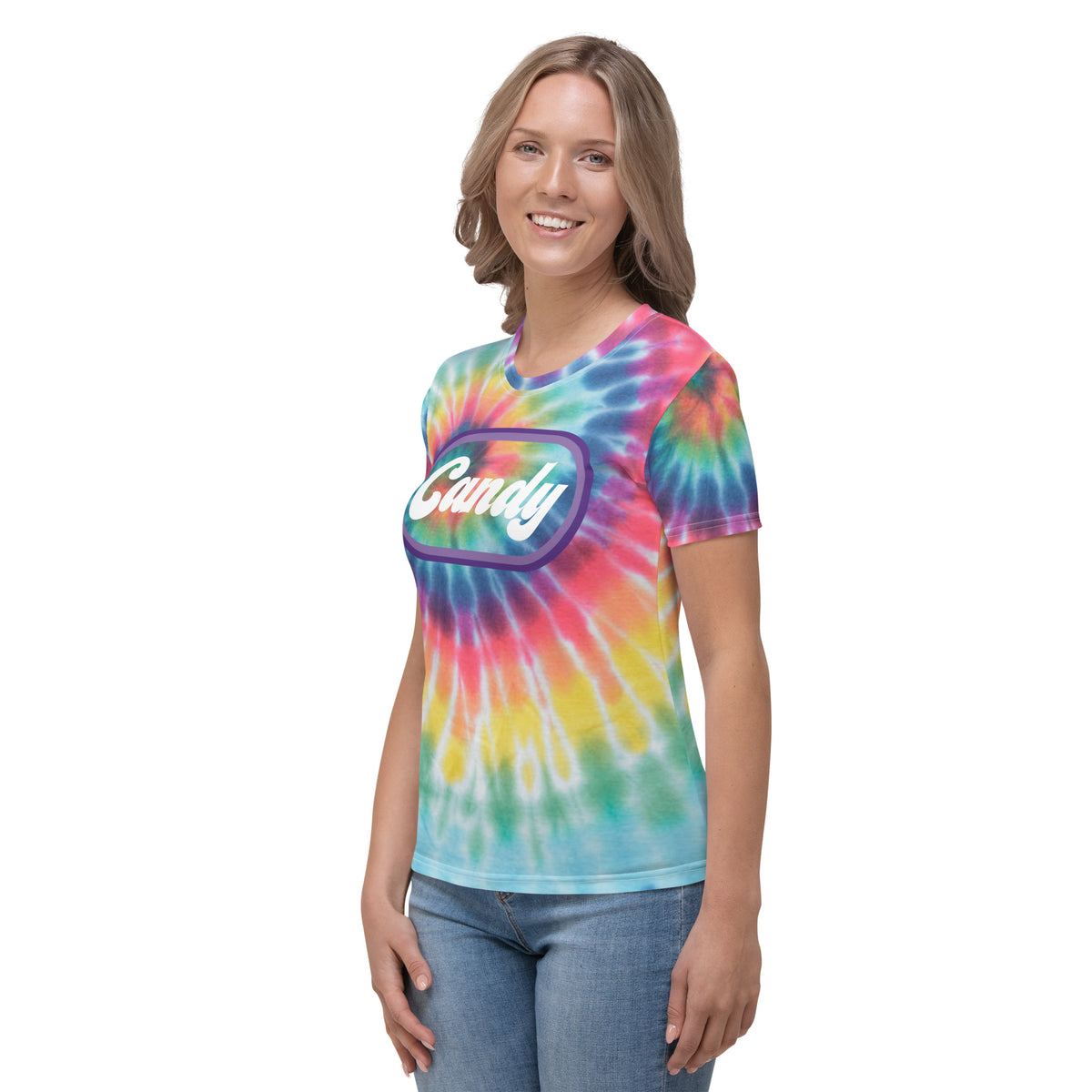 , Women's T-shirt Tie-Dye Candy Letter Design,