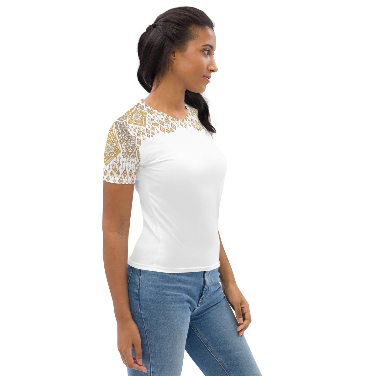 Women's Short Sleeve T-shirt Regular Fit Gold Diamond Pattern Classic Tee for Women