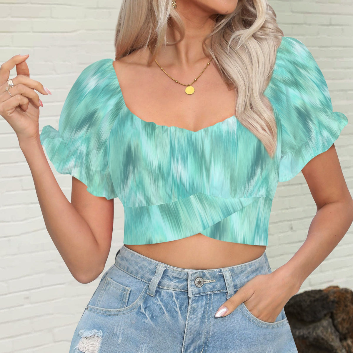 Teal Puff Sleeve Crop Top