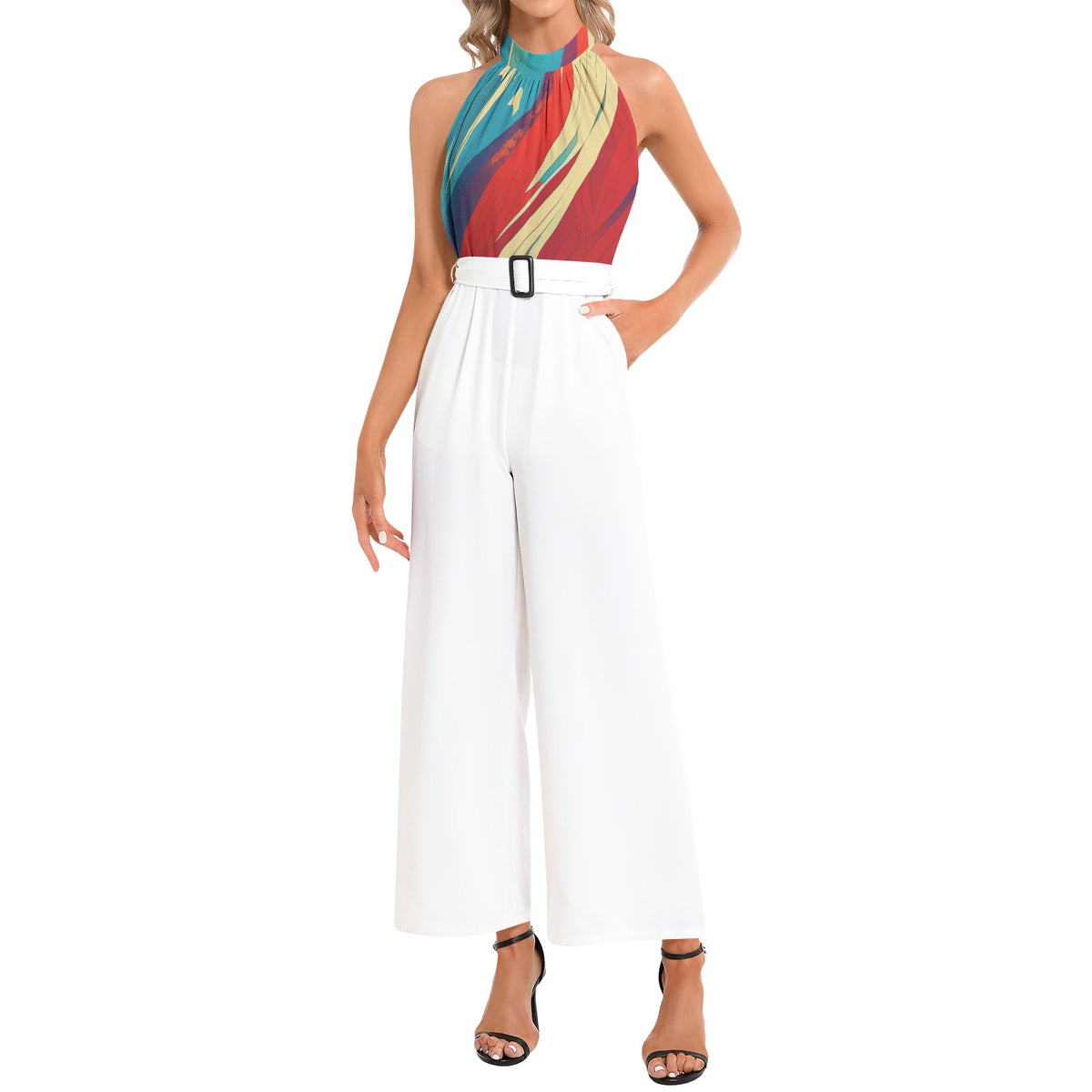 Halter Neck Buckle Belted Jumpsuit