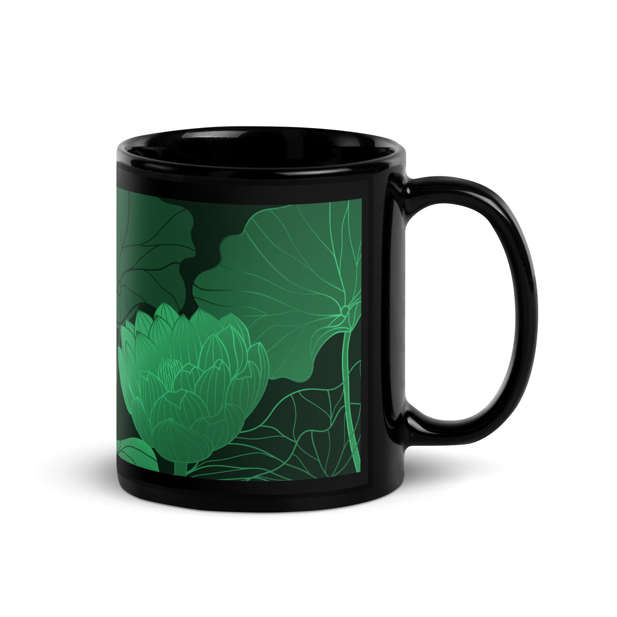 Coffee Cup Green Floral Black Glossy Mug