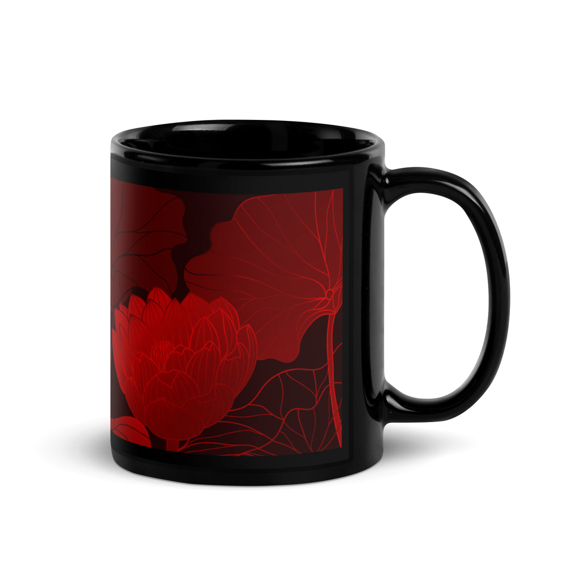 Coffee Cup Red Floral Black Glossy Mug