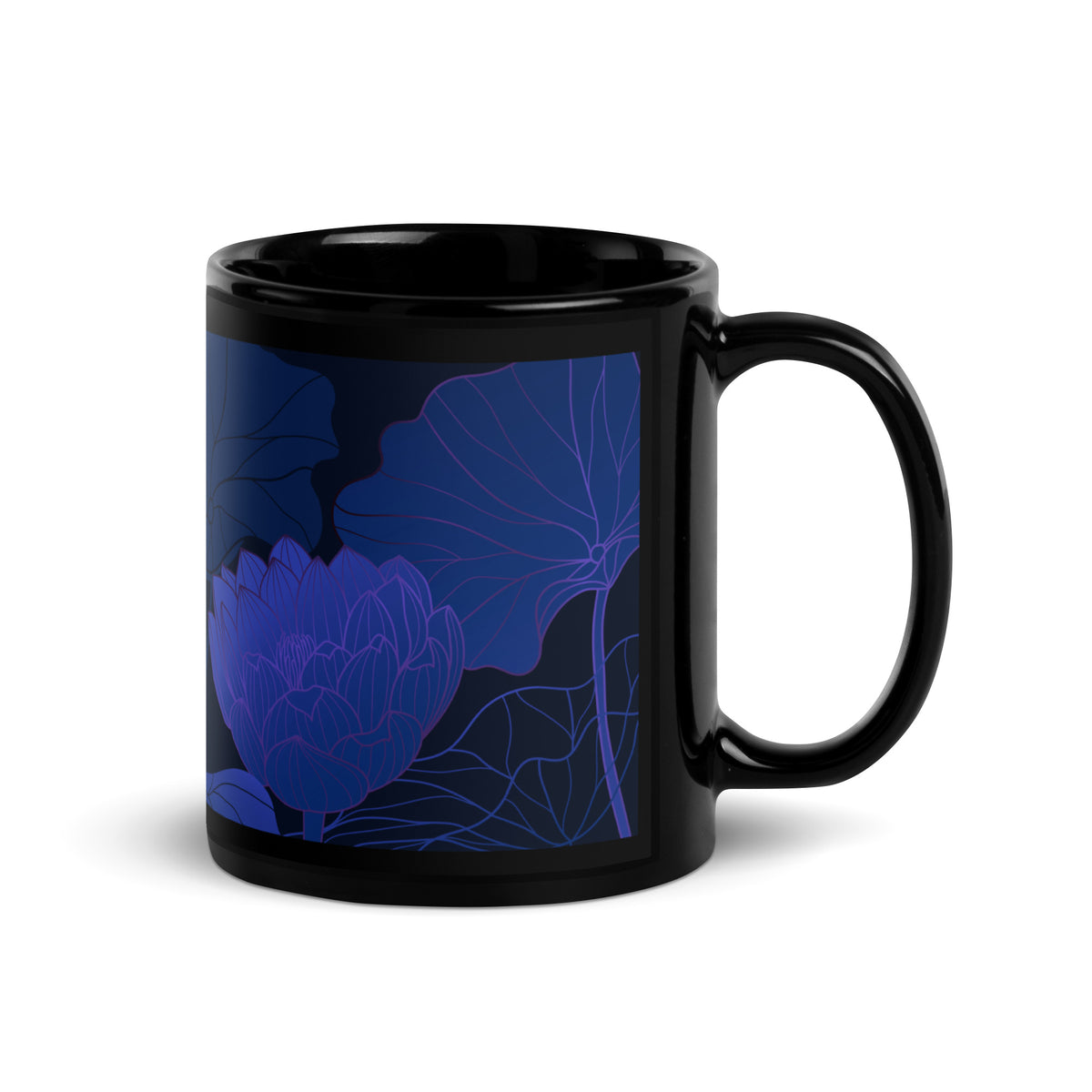 Coffee Cup Blue Floral Black Glossy Mug