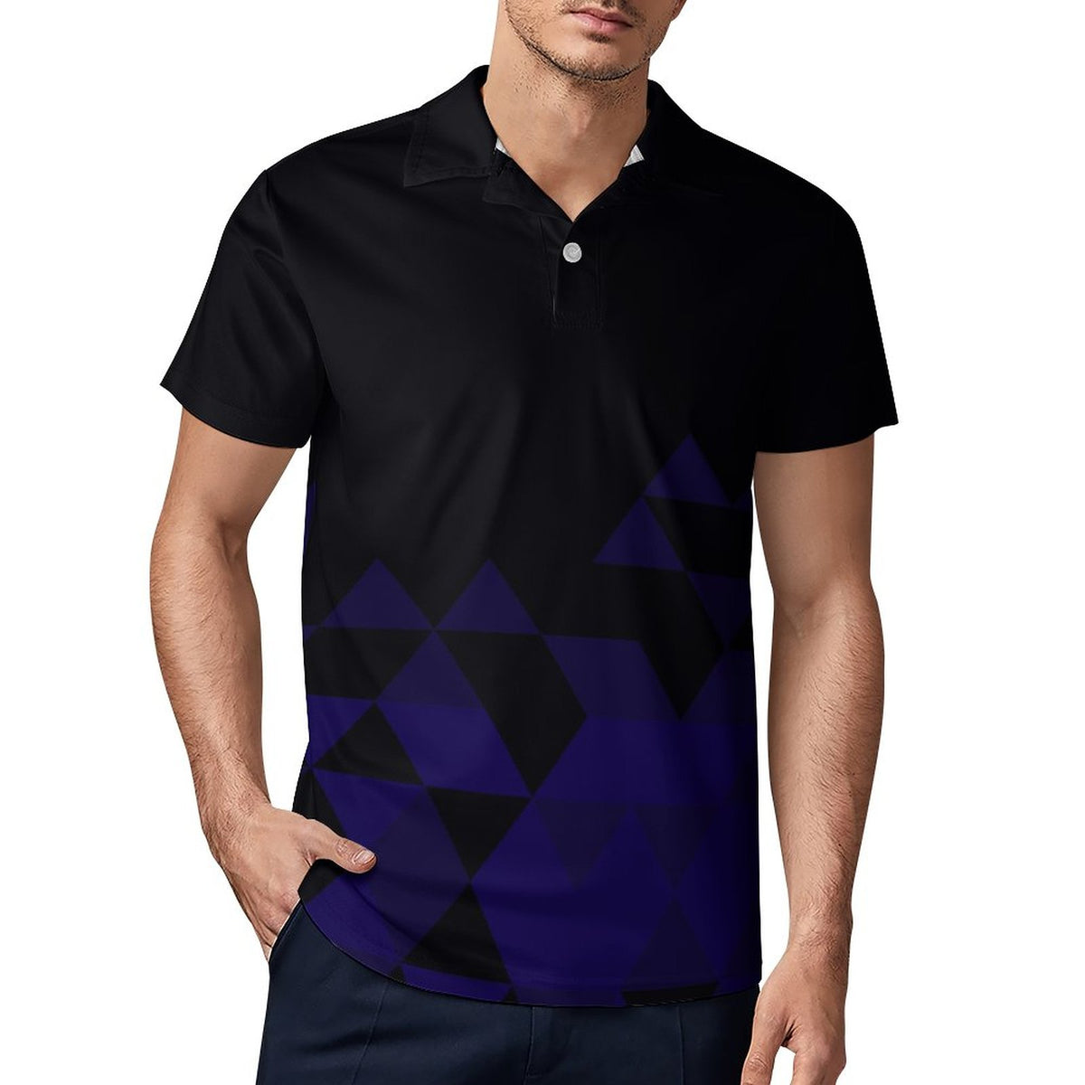 Men's Short Sleeve Polo T-shirt Black with Blue Design