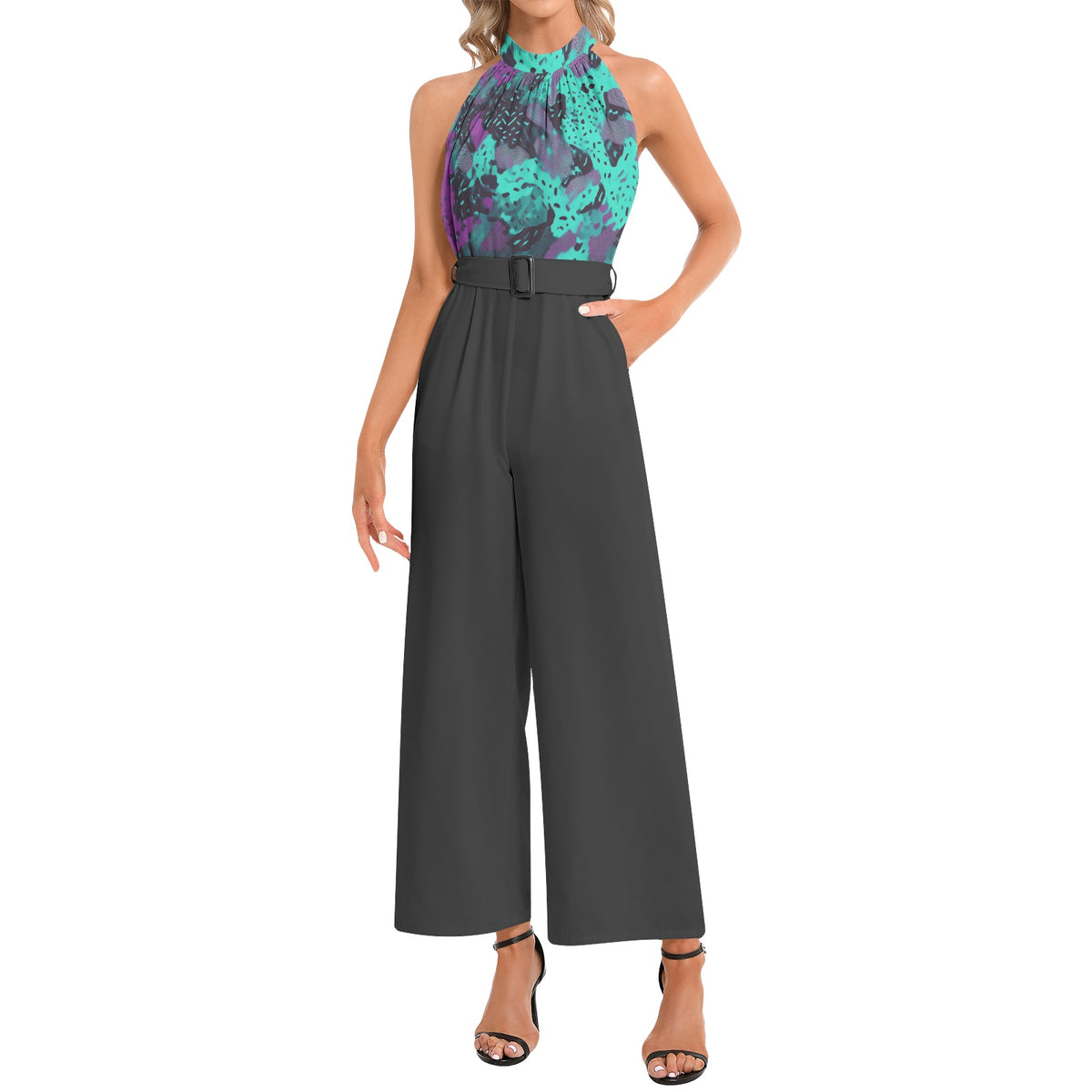 Halter Neck Buckle Belted Jumpsuit