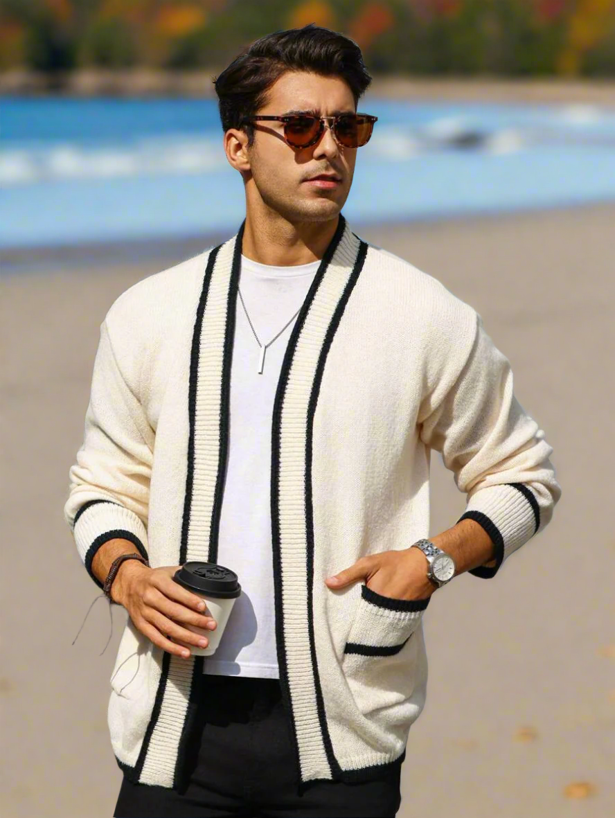 men's cardigan cream and black button up sweater