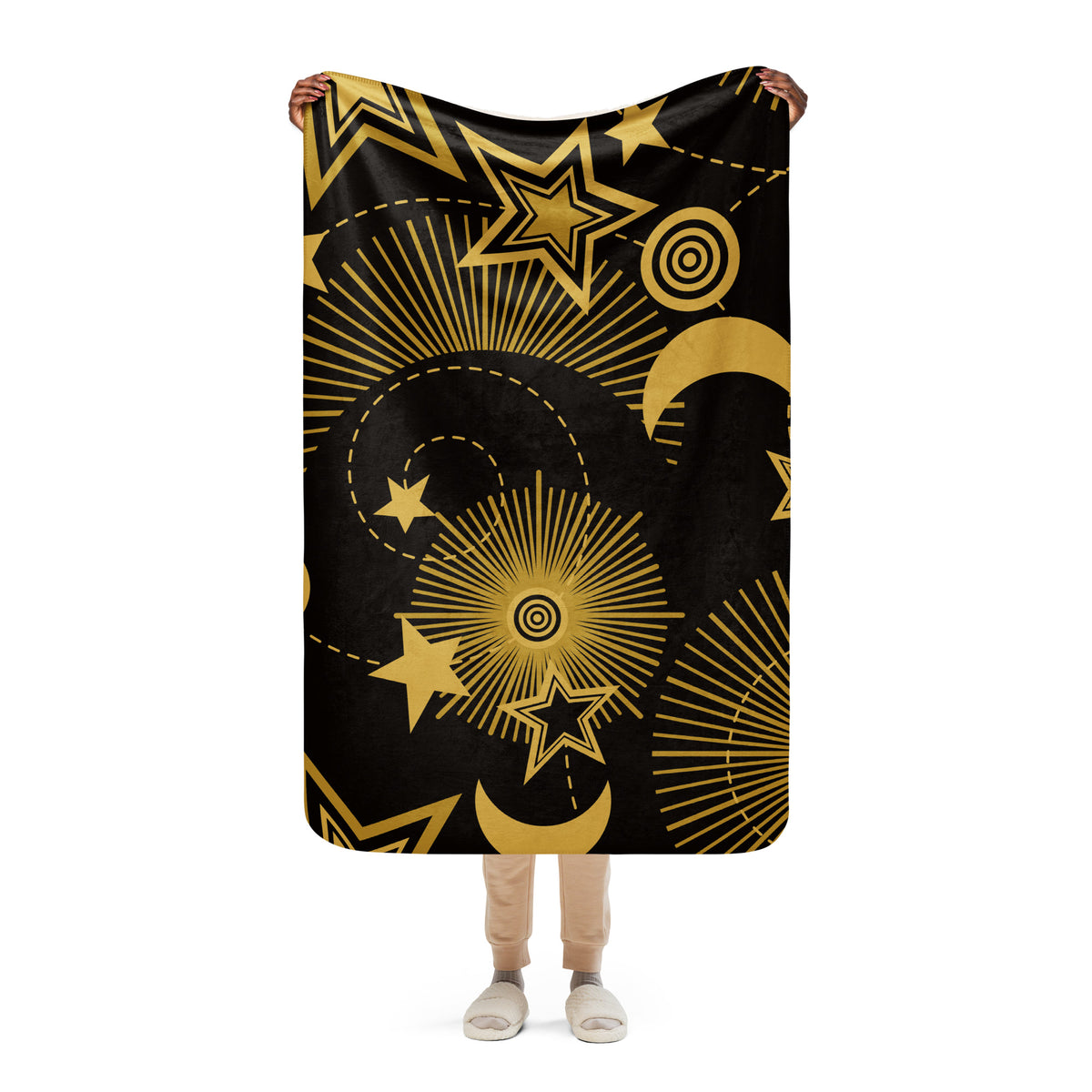 Sherpa Blanket Cosmic Black with Gold Stars Design