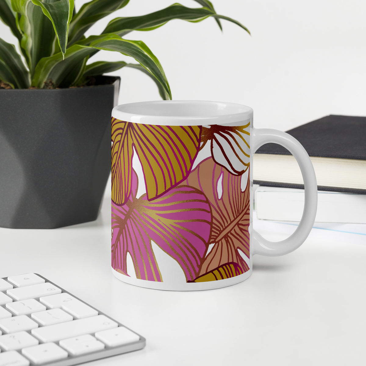 Pink Palm Tree Coffee Cup | Elegant Ceramic Drinkware, Tropical Design