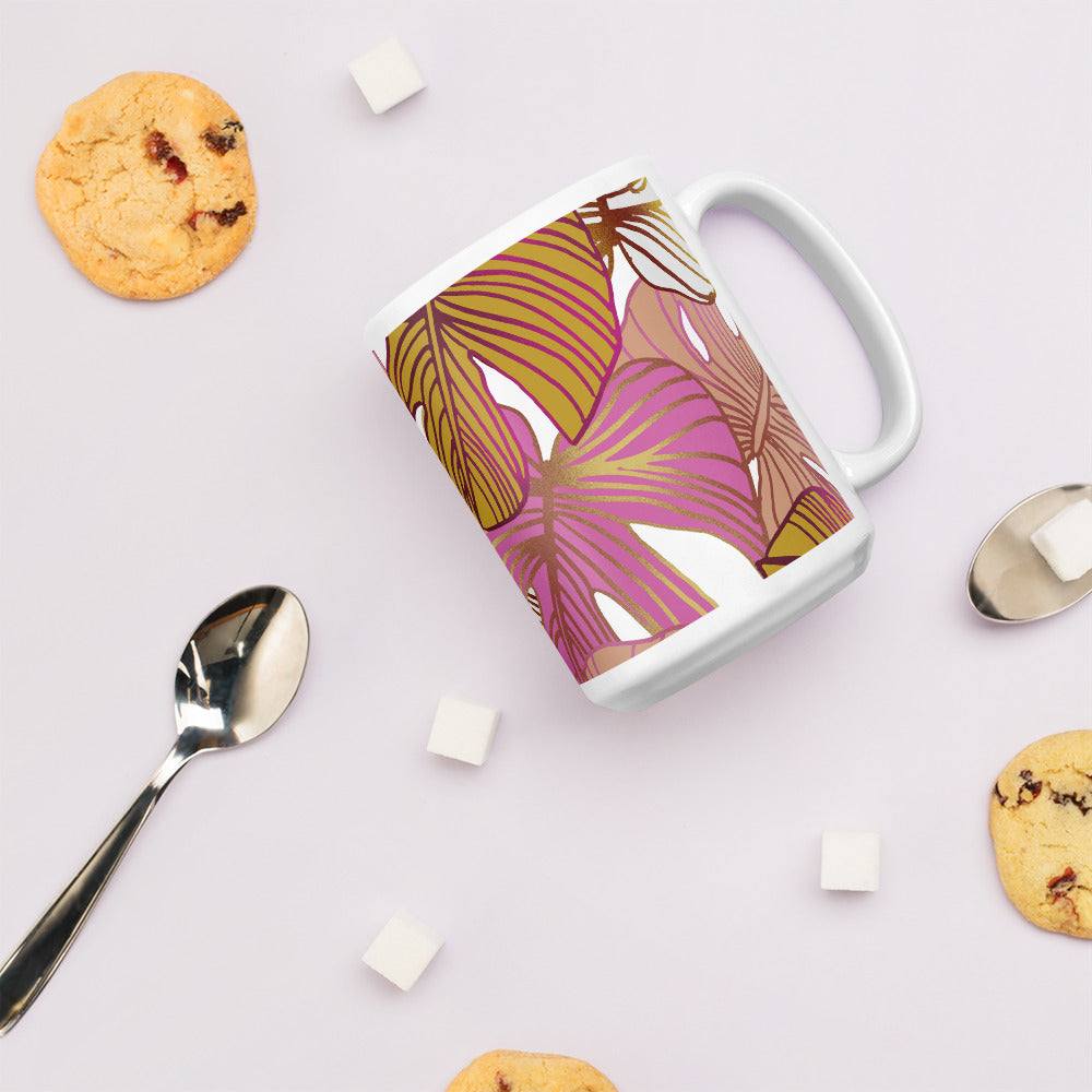 Pink Palm Tree Coffee Cup | Elegant Ceramic Drinkware, Tropical Design