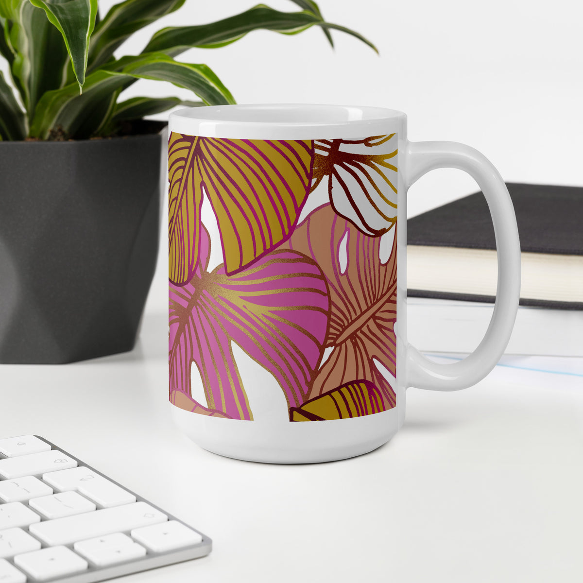 Pink Palm Tree Coffee Cup | Elegant Ceramic Drinkware, Tropical Design