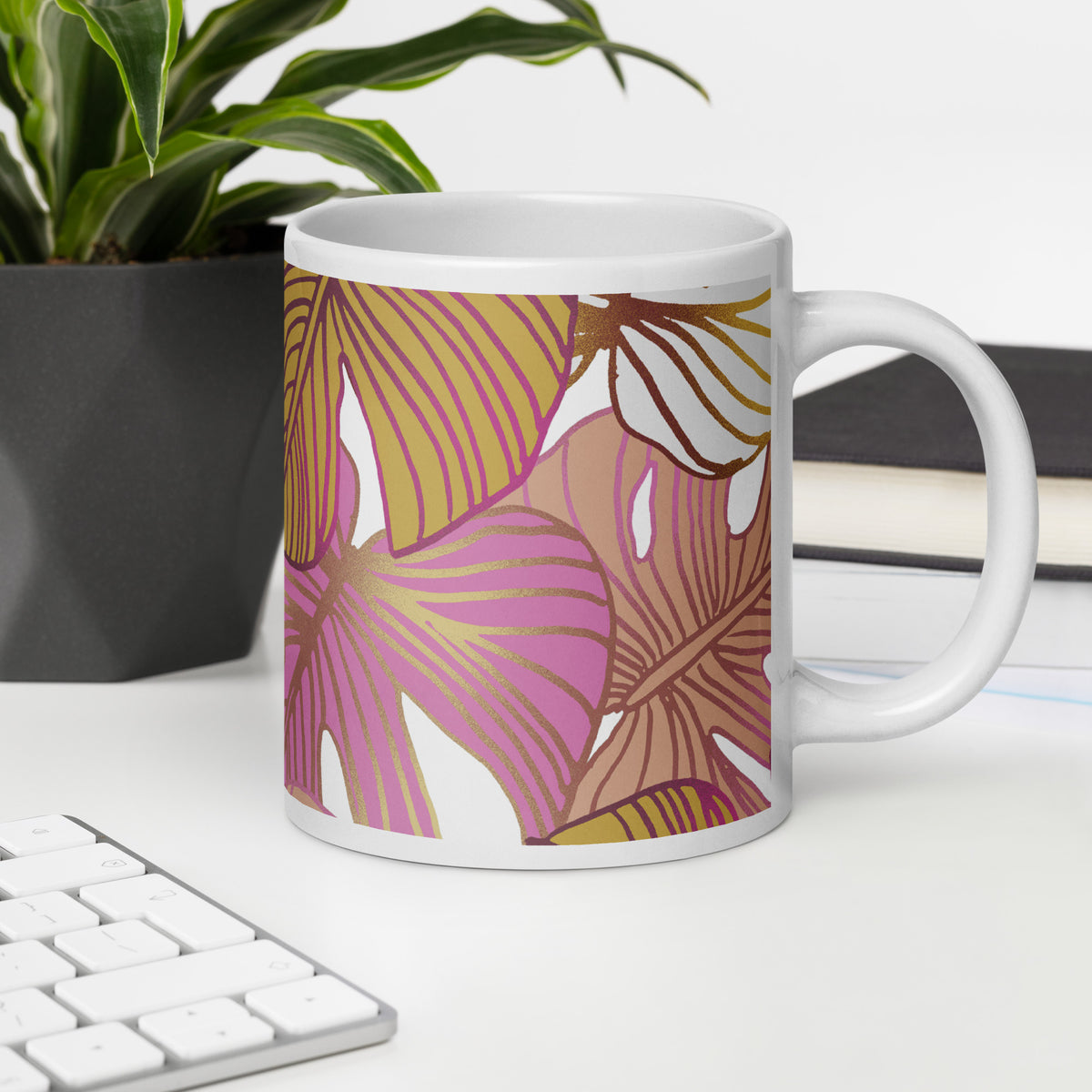 Pink Palm Tree Coffee Cup | Elegant Ceramic Drinkware, Tropical Design